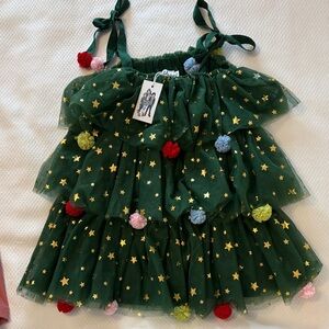 Lola and the Boys Green Star Pom-Pom Tiered Tulle Dress